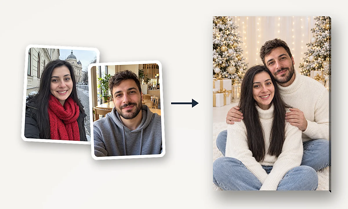 Pozele separate ale unui cuplu tânăr; portretul lor de Crăciun, pe covor, în pulovere și blugi
