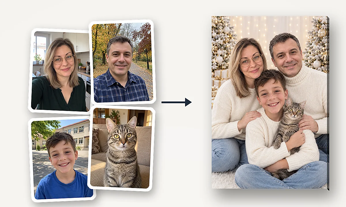 Patru poze separate, părinții, băiatul și pisica; portretul lor de Crăciun