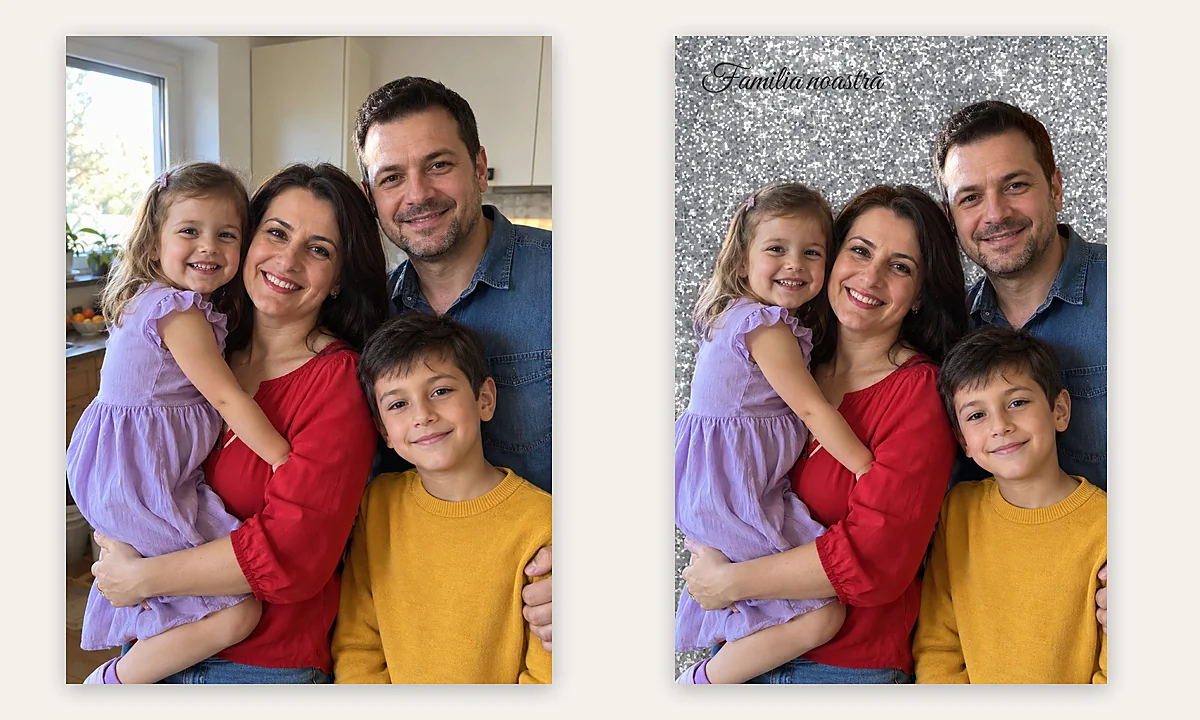 Poza unei familii de patru; tabloul lor pe glitter argintiu, cu mesajul „Familia noastră”