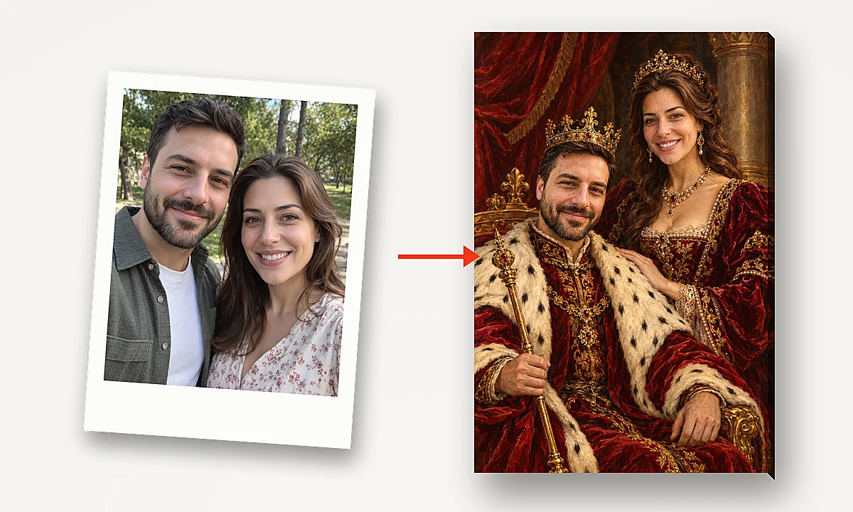 Un selfie în doi; portretul regal: el pe tron, cu mantie de hermină și coroană, ea alături, cu tiară