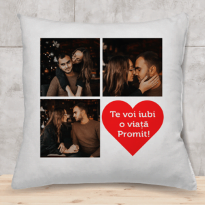 Pernă Personalizată cu 3 poze și cu text model inimă