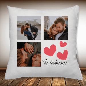 Pernă Personalizată cu 3 poze și mesaj: Te Iubesc!