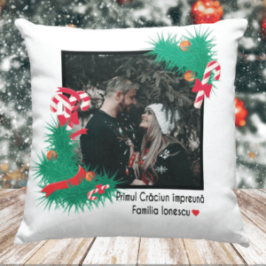Pernă Personalizată cu poză și mesaj - Primul Crăciun împreună