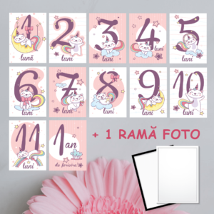 Set 12 Carduri Lunare Baby Personalizate + Ramă Foto - Kitty