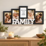 Ramă foto FAMILY cu 4 poze și mesaj, pe perete, deasupra comodei