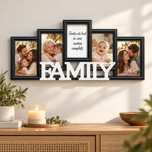 Ramă foto FAMILY cu 4 poze și mesaj, pe perete, deasupra comodei