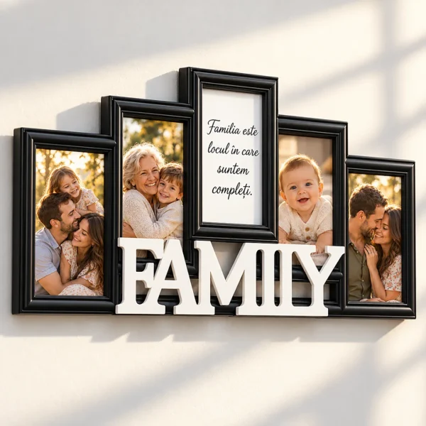 Ramă foto FAMILY cu 4 poze și mesaj, detaliu din unghi