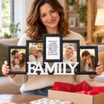 Ramă foto FAMILY cu 4 poze și mesaj, ținută în mâini