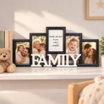 Ramă foto FAMILY cu 4 poze și mesaj, pe raft, în camera copilului