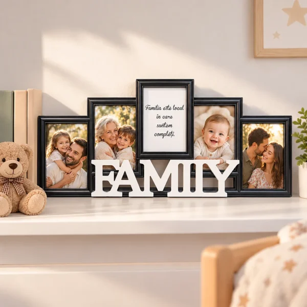 Ramă foto FAMILY cu 4 poze și mesaj, pe raft, în camera copilului