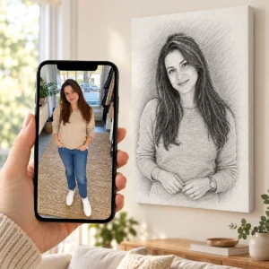 Poza întreagă a unei tinere pe ecranul telefonului și portretul ei în creion, bust, pe peretele din living