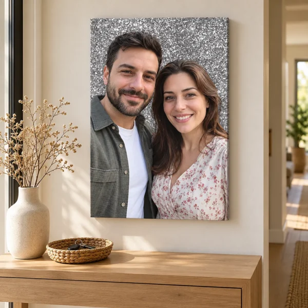 Tablou canvas cu poza unui cuplu pe glitter argintiu, pe peretele din hol