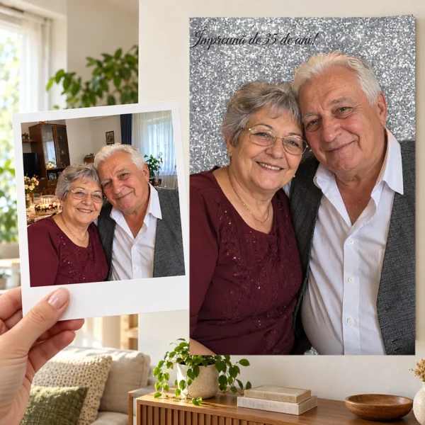 Poza unui cuplu la aniversare, ca polaroid, și tabloul pe glitter argintiu, pe perete