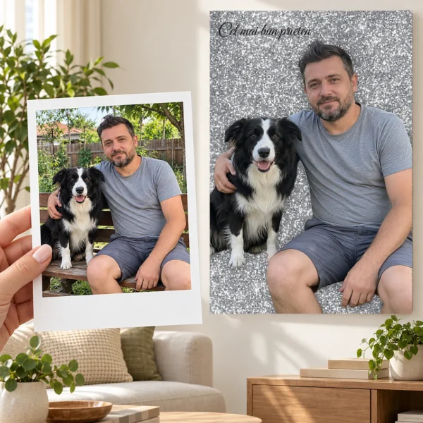 Poza unui bărbat cu câinele lui, ca polaroid, și tabloul pe glitter argintiu, pe perete
