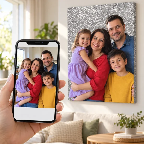 Poza unei familii de patru pe telefon și tabloul pe glitter argintiu, pe perete