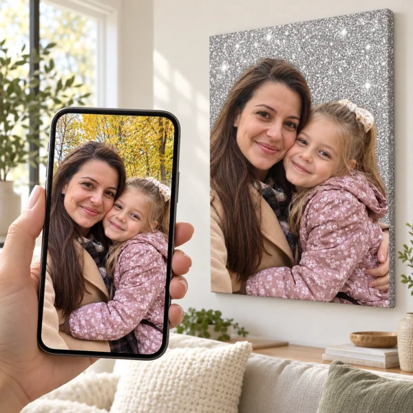 Poza unei mame cu fiica pe telefon și tabloul pe glitter argintiu, pe perete