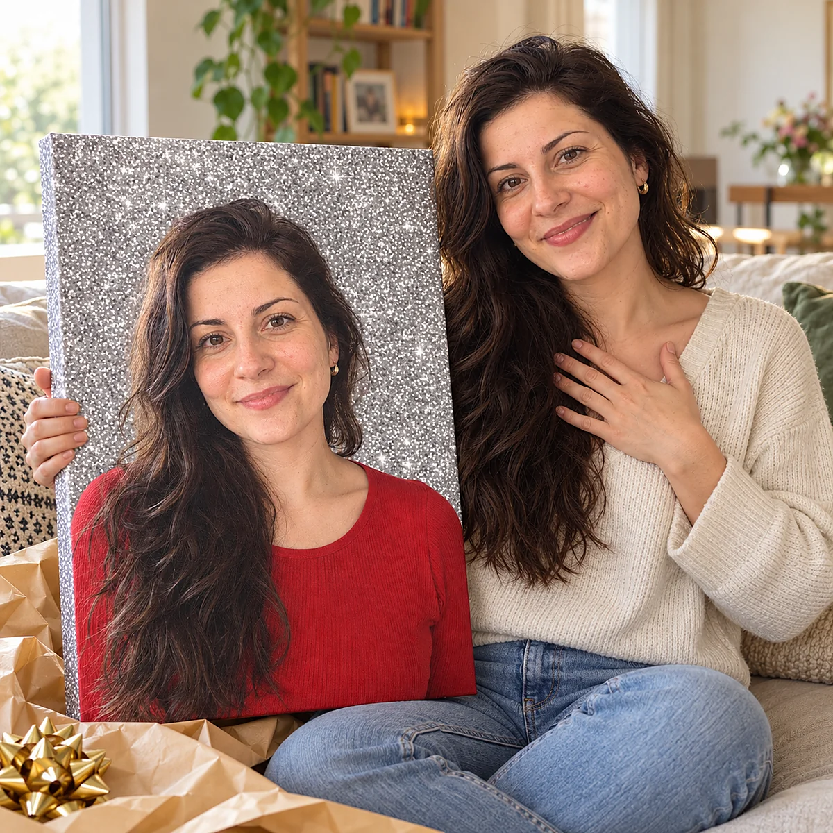Ea desface de ziua ei tabloul canvas cu portretul ei pe glitter argintiu
