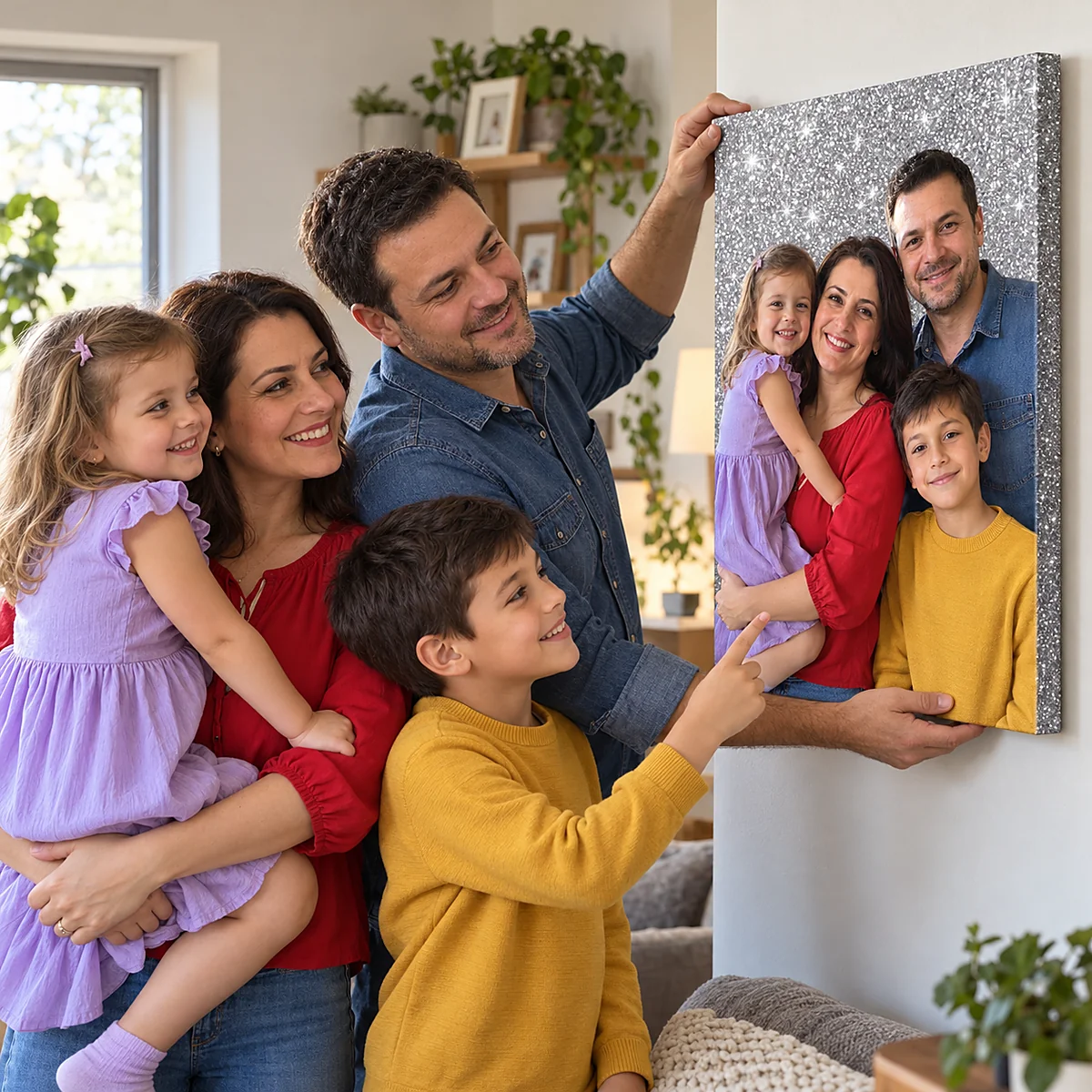 Tatăl agață tabloul canvas cu poza familiei pe glitter argintiu; băiatul arată spre el