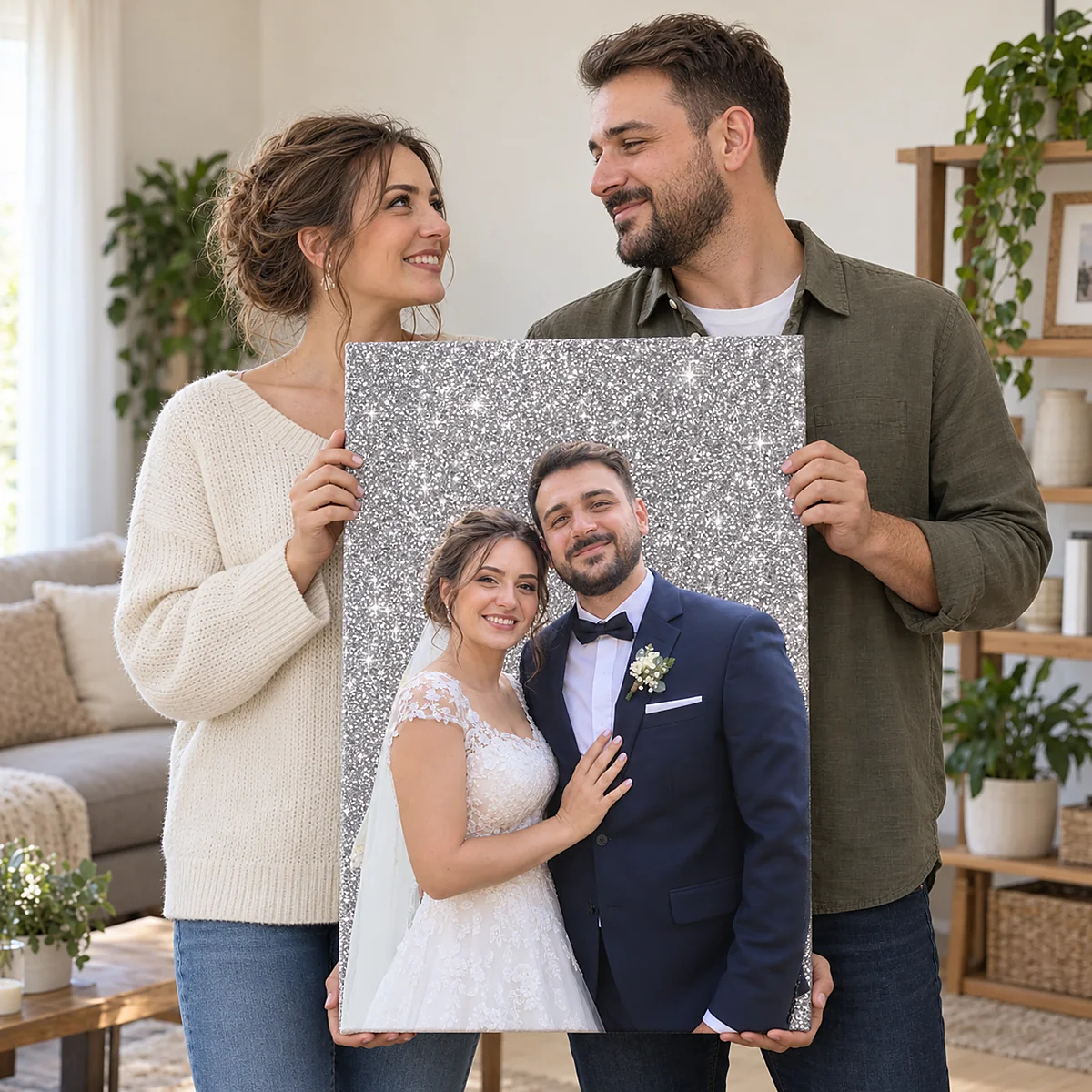 Mirii țin tabloul canvas cu poza lor de la nuntă pe glitter argintiu, înainte să-l agațe