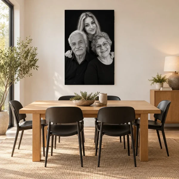 Portret de studio cu bunicii și nepoata, în sufragerie
