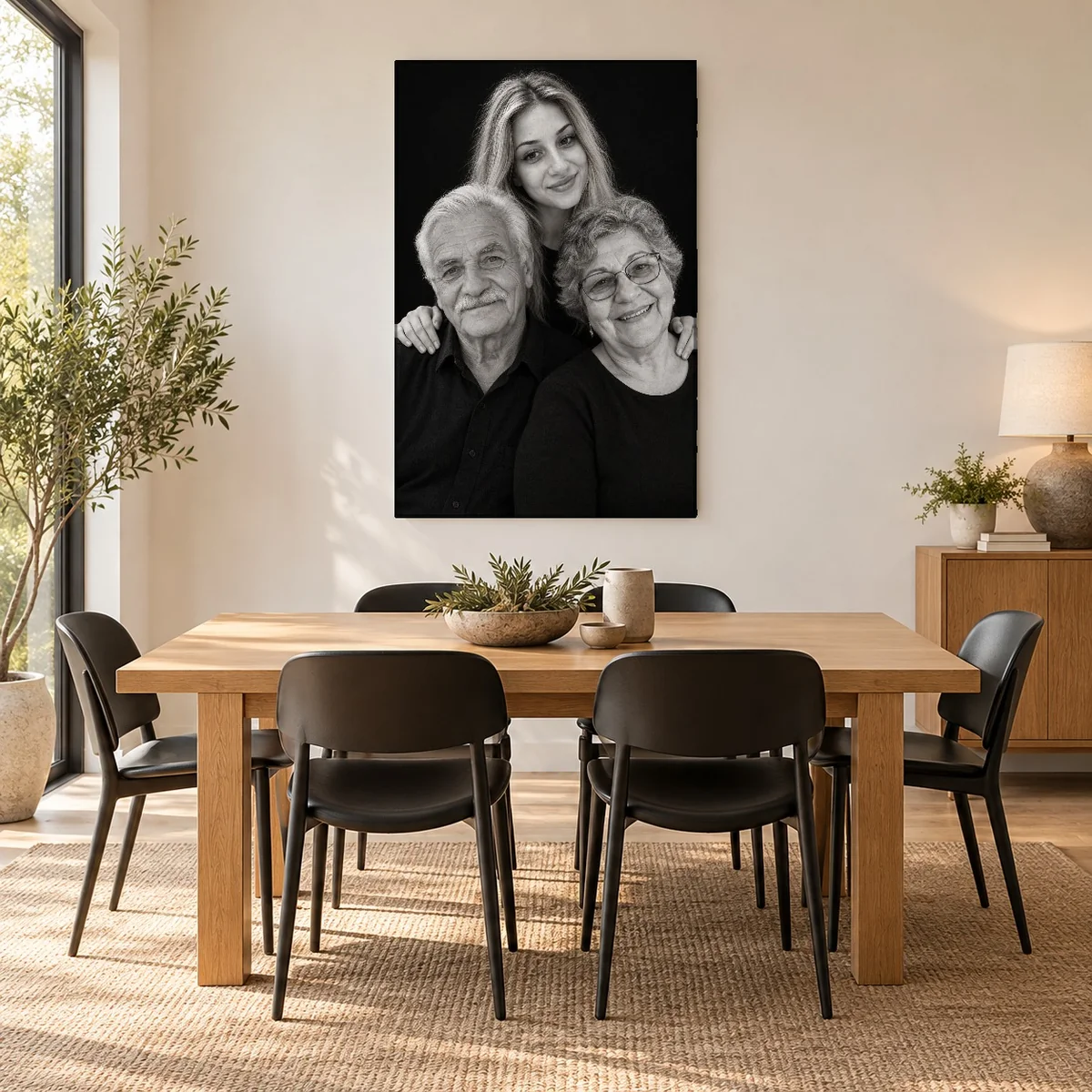 Portret de studio cu bunicii și nepoata, în sufragerie