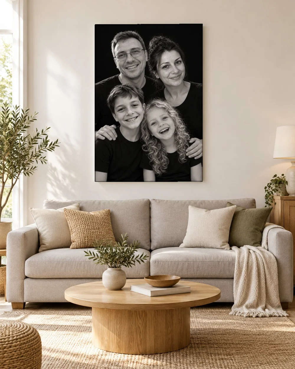 Portret de familie stil studio, alb-negru, pe peretele din living