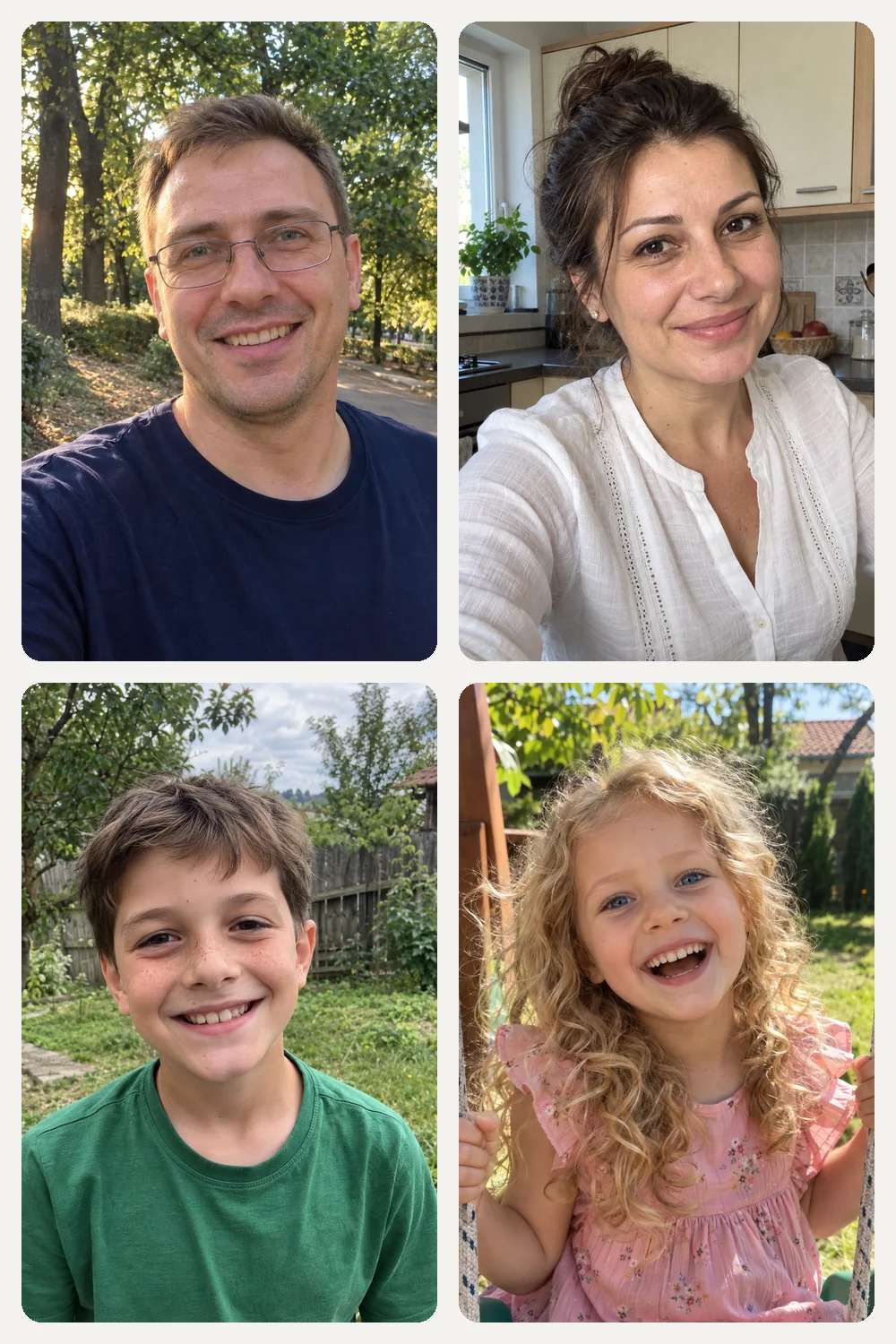 Patru poze de telefon, câte una cu fiecare om din familie