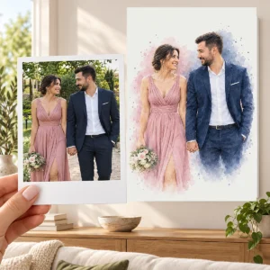 Cuplul la nuntă: poza ținută în mână ca polaroid și tabloul lor (tablou în acuarelă) pe perete