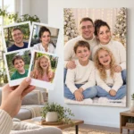 Părinții și cei doi copii: poza ca polaroid, în mână, și tabloul lor (portret de familie de crăciun) pe perete