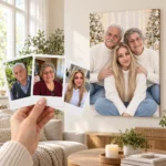 Bunicii și nepoata: poza ca polaroid, în mână, și tabloul lor (portret de familie de crăciun) pe perete