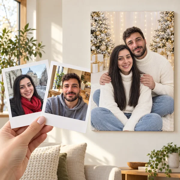 Cuplul tânăr: poza ca polaroid, în mână, și tabloul lor (portret de familie de crăciun) pe perete