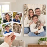 Familia cu pisica: poza ca polaroid, în mână, și tabloul lor (portret de familie de crăciun) pe perete