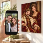 Poza unui cuplu pe telefon și portretul regal pictat din ea, pe peretele din living