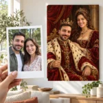 Cuplul regal pe tron: poza ca polaroid, în mână, și tabloul lor (portret regal) pe perete