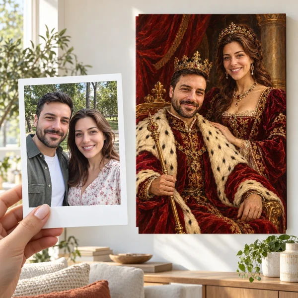 Cuplul regal pe tron: poza ca polaroid, în mână, și tabloul lor (portret regal) pe perete