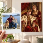 Cuplul de la lac: poza ca polaroid, în mână, și tabloul lor (portret regal) pe perete