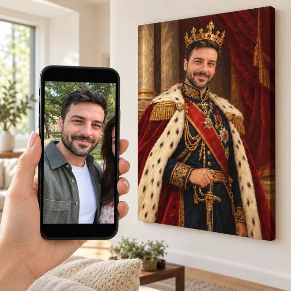 Regele în uniformă: poza pe telefon și tabloul lor (portret regal) pe perete