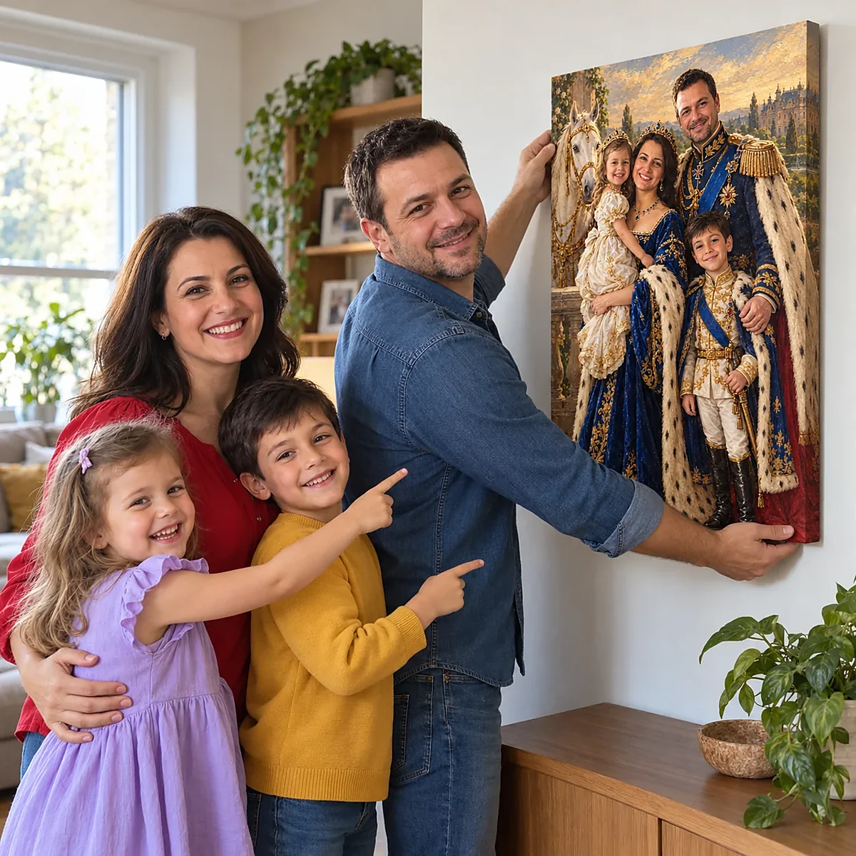 Tatăl agață portretul regal al familiei, copiii arată spre el și râd